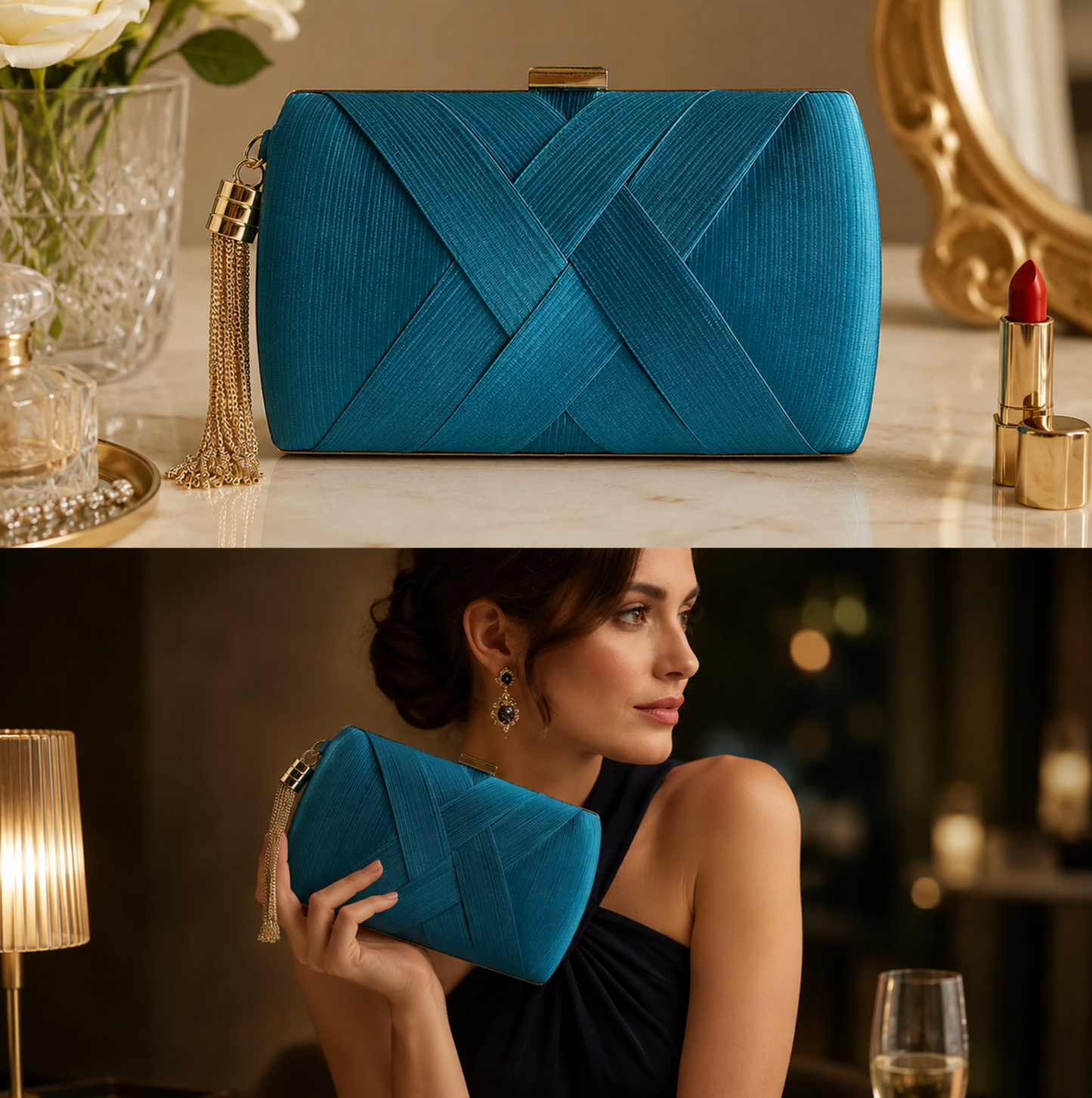 Goldtone And Black Clutch With Tassel