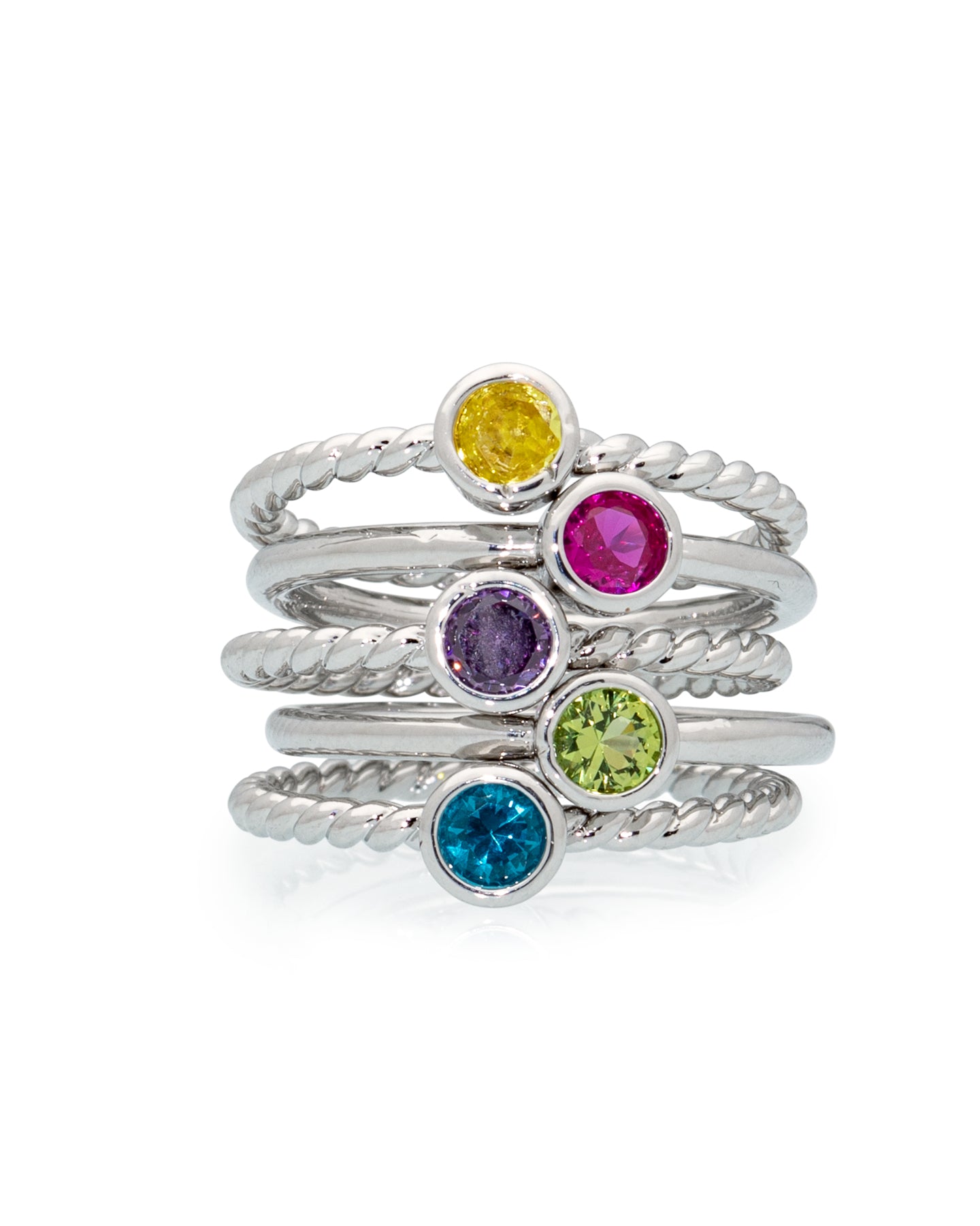 Silvertone Twisted CZ Birthstone Solitaire Ring