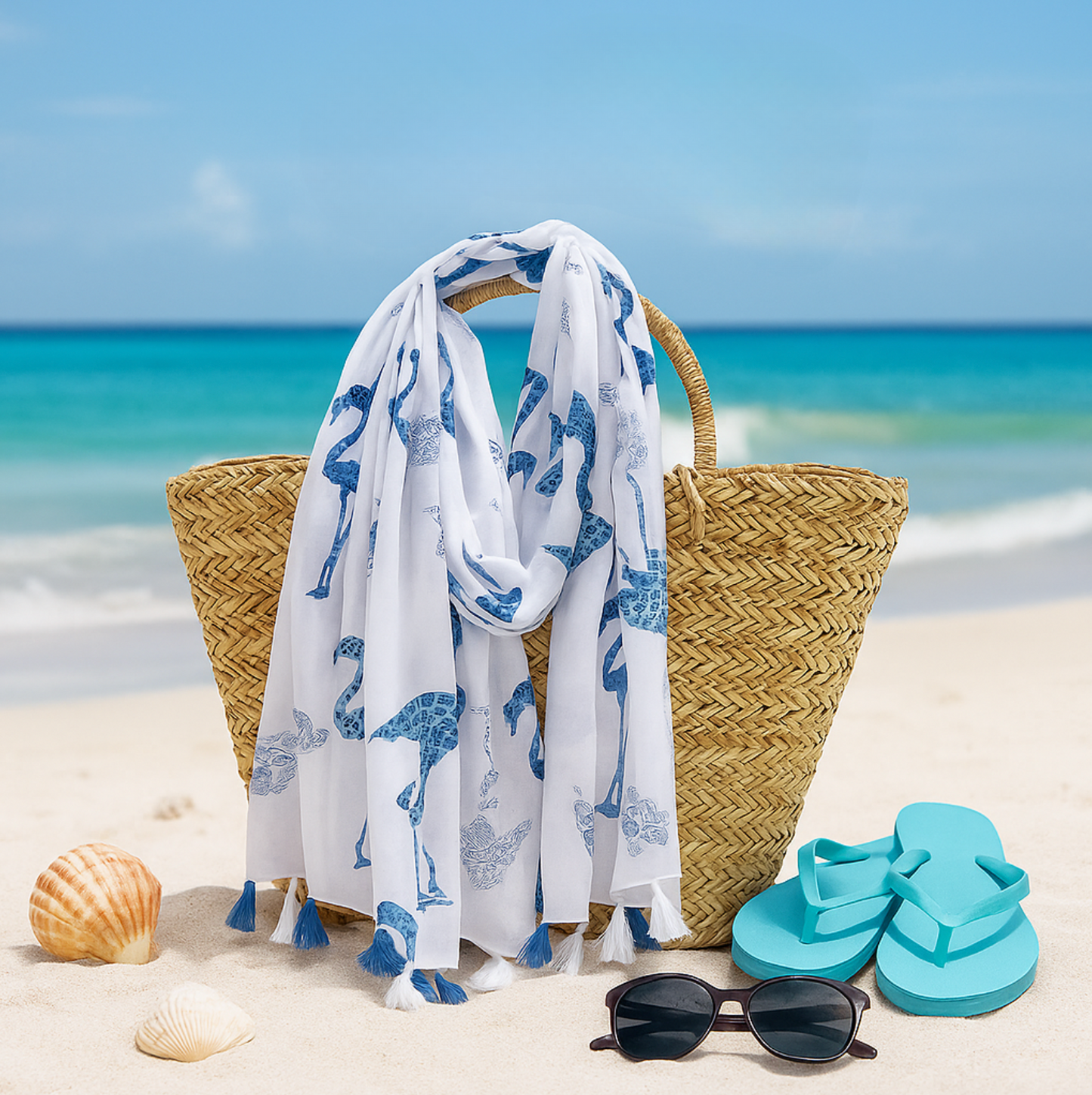 Blue Flamingo Print Scarf with Tassel Accents