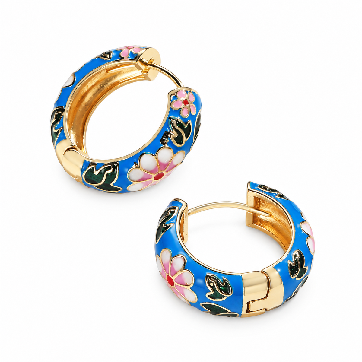 Blue Floral Enamel Huggie Hoop Earrings on a white background