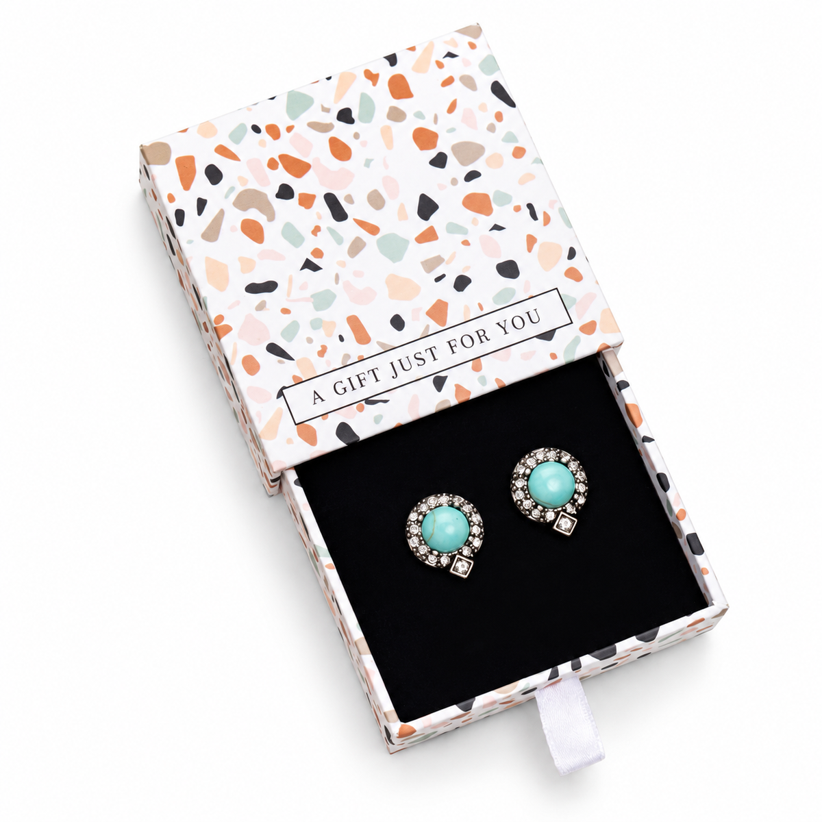 Blue Howlite Crystal Pave Stud Earrings - In Gift Box on a white background