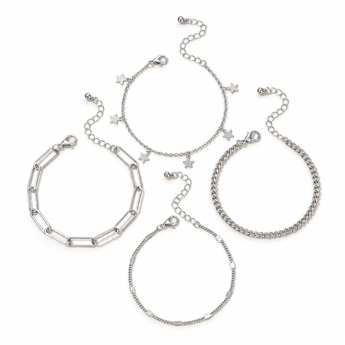 Silvertone Star Chain Link Set Of 4 Bracelets on white background