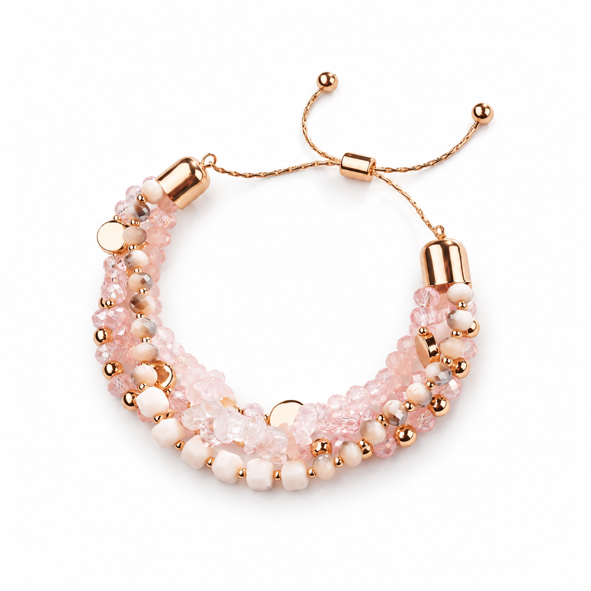 Pink Goldtone Multi Strand Adjustable Bracelet on white background