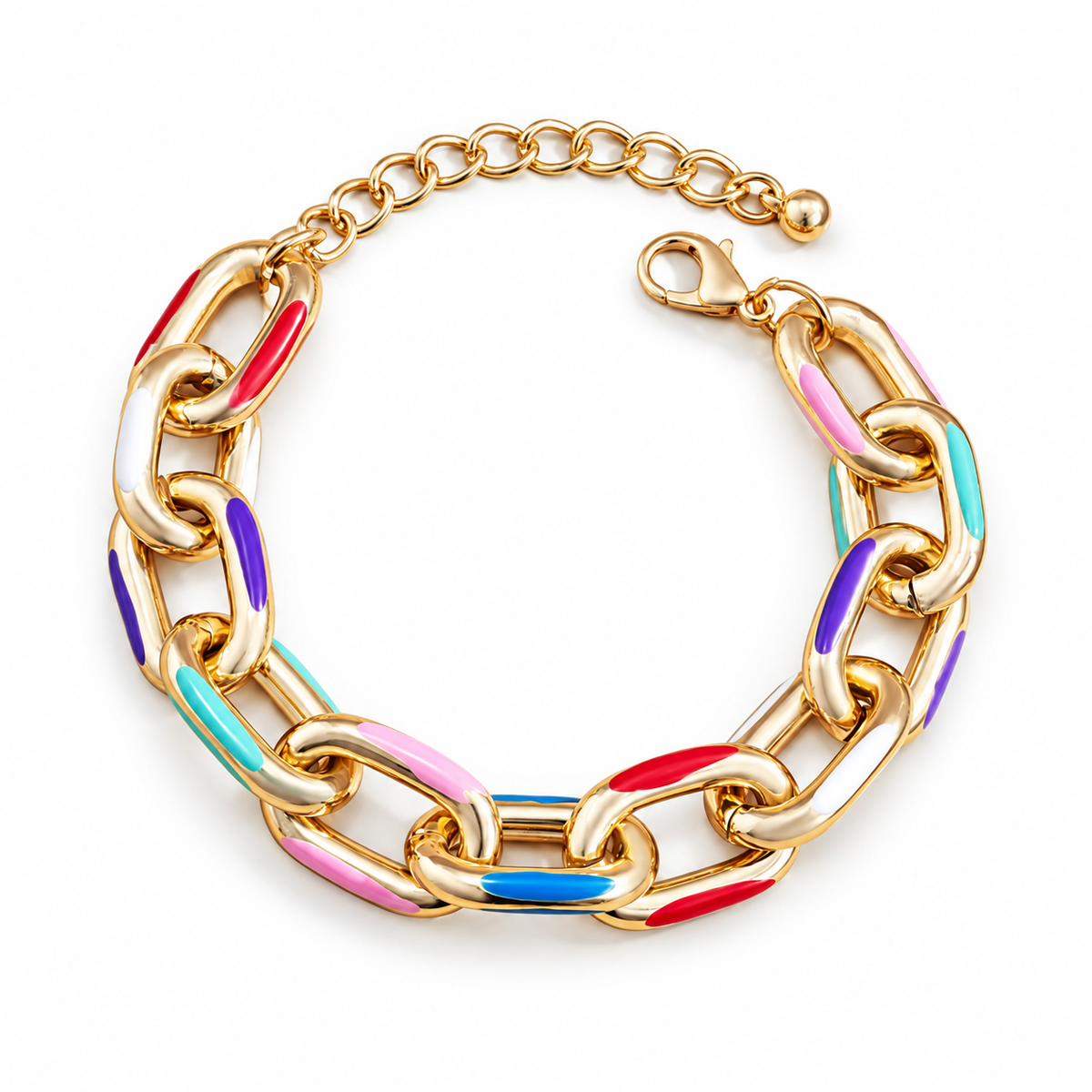 Goldtone Multi Colored Chain Link Bracelet on white background