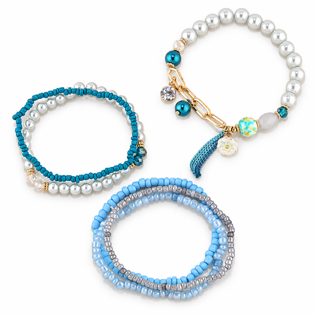 Pearlescent Blue Beaded Bracelet Set on white background