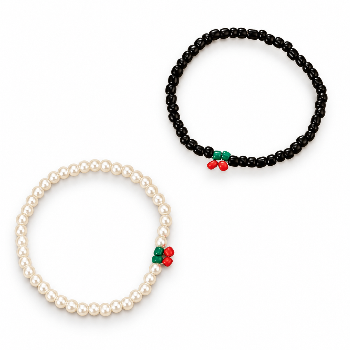 Imitation Pearl Black Beaded Cherry Bracelet Set on white background