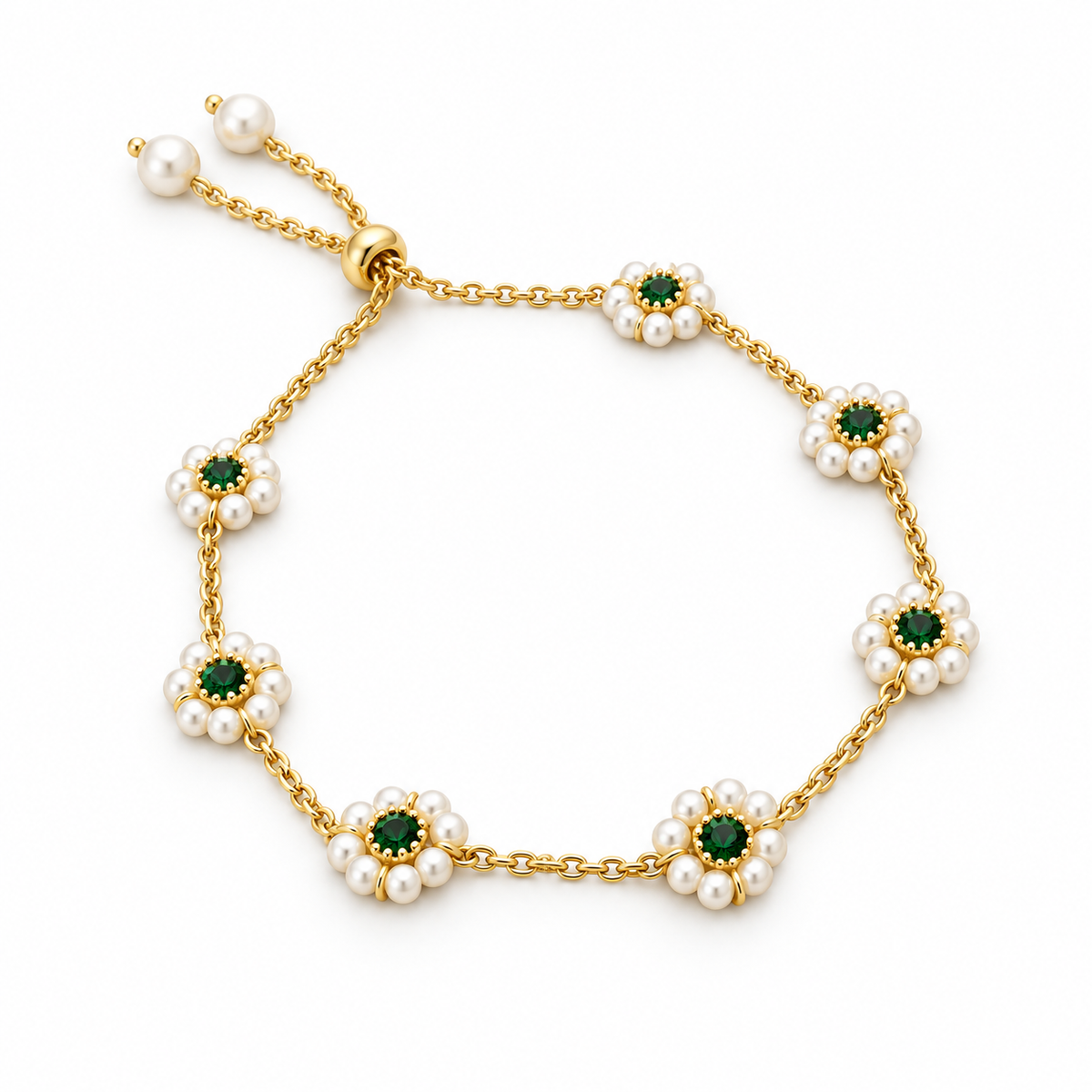 Goldtone Imitation Pearl Floral Emerald Crystal Bracelet on white background