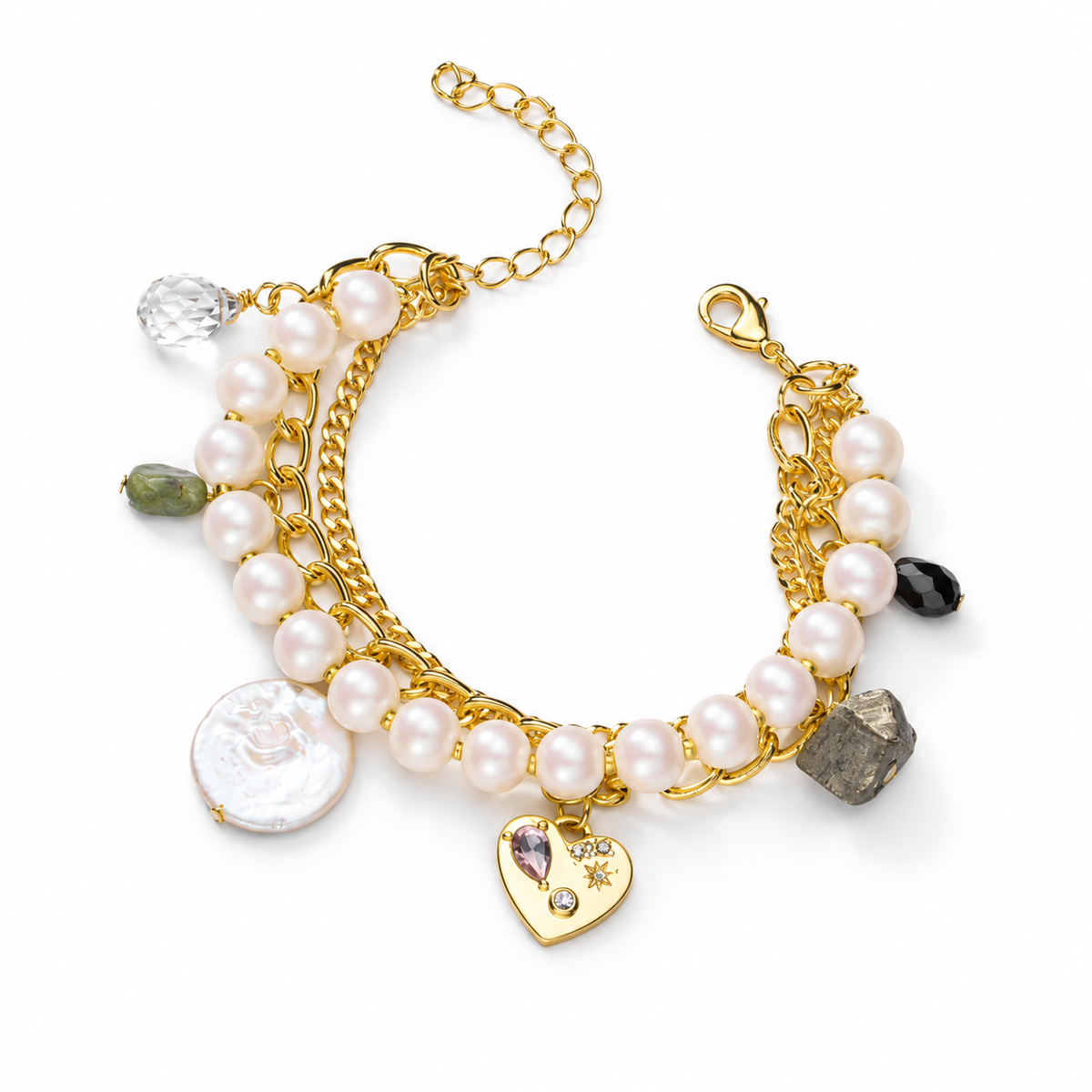 Goldtone Imitation Pearl Charmed Bracelet on white background