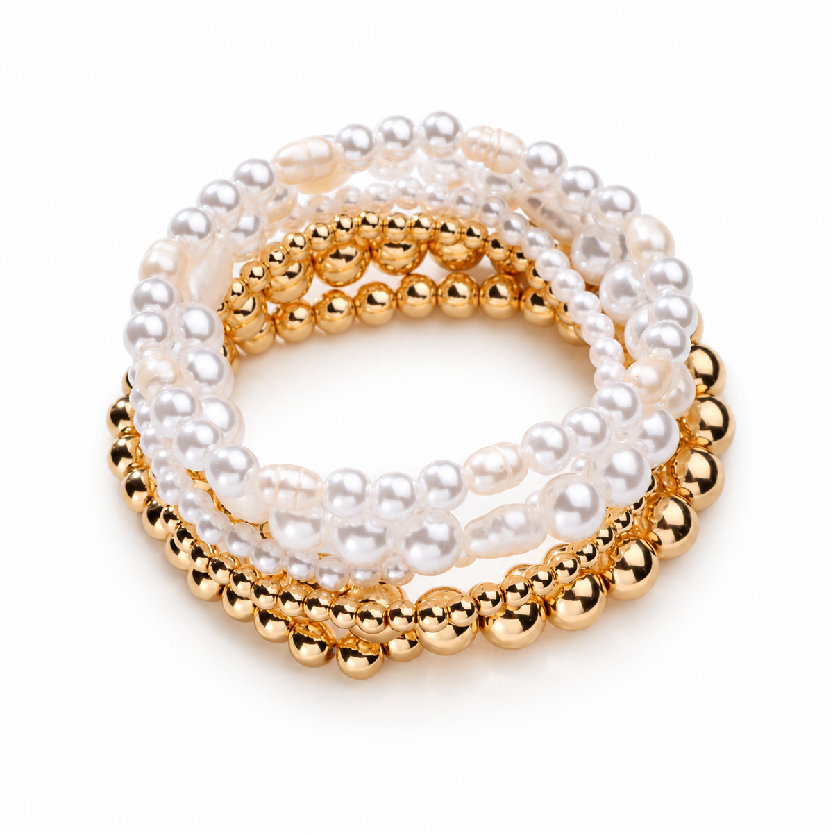 Goldtone Imitation Pearl Beaded Bracelet Set on white background