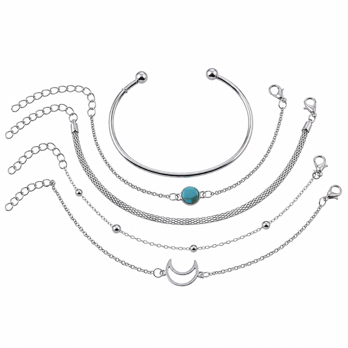Silvertone Turquoise Crescent Moon Bracelet Set complete set on white background