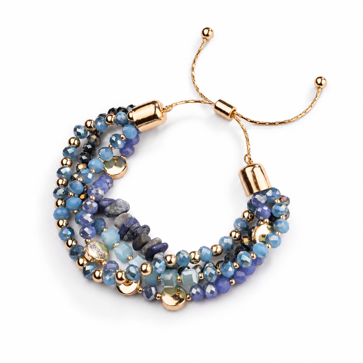 Sodalite Goldtone Multi-strand Adjustable Bracelet on white background