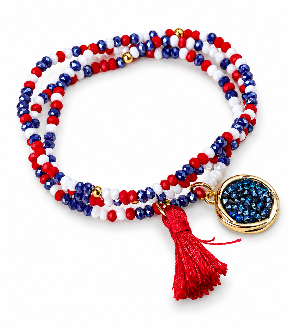 Goldtone Stackable Beaded Bracelet Set With Tassel And Bermuda Blue Crystal Charm on white background