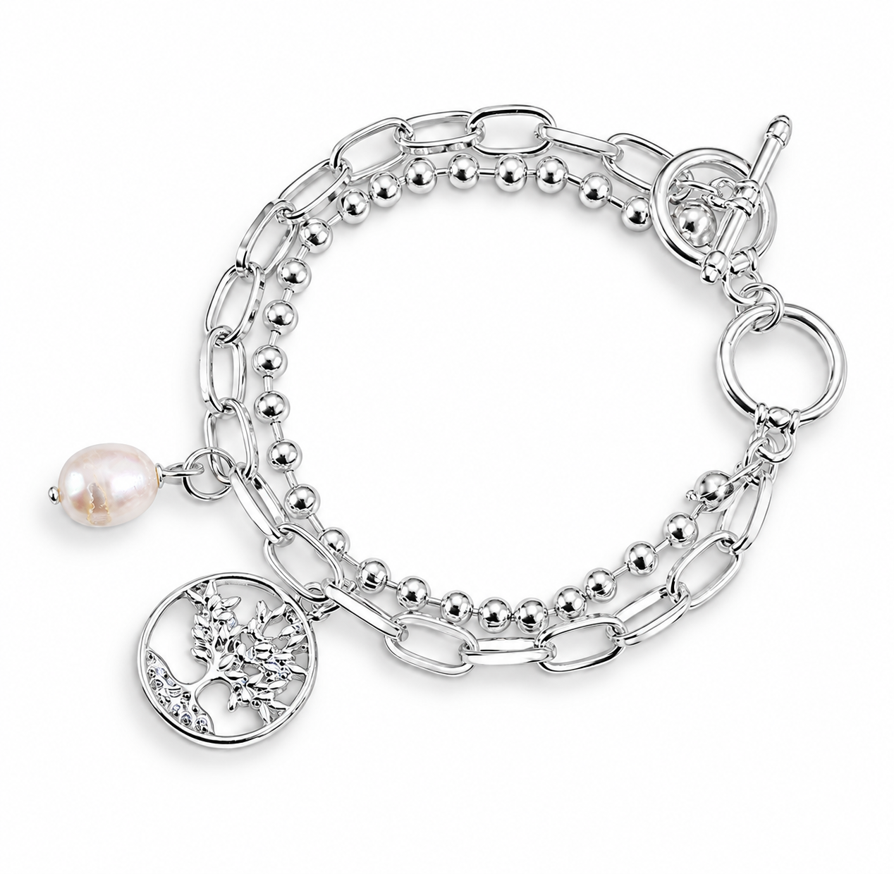 Imitation Pearl & Silvertone Chain Link Tree Of Life Bracelet on white background