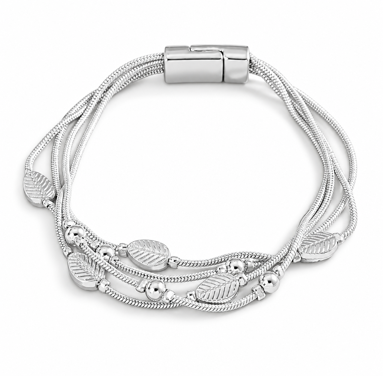 Silver Multi Strand Leaf Bracelet on white background