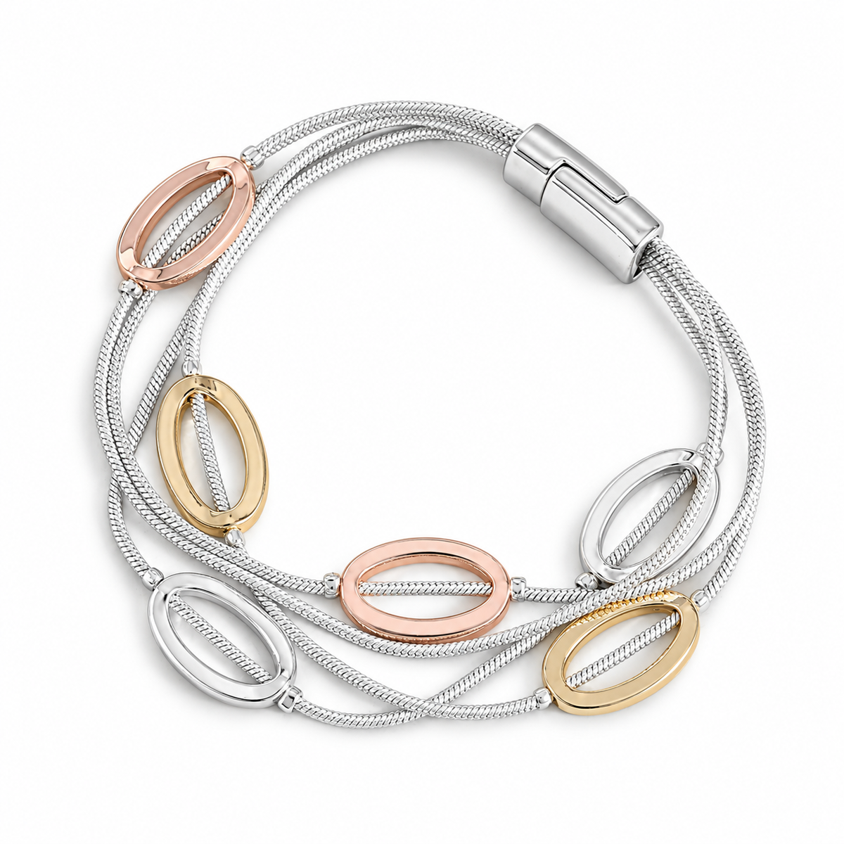 Tri Coloured Oval Multi Strand Bracelet on white background