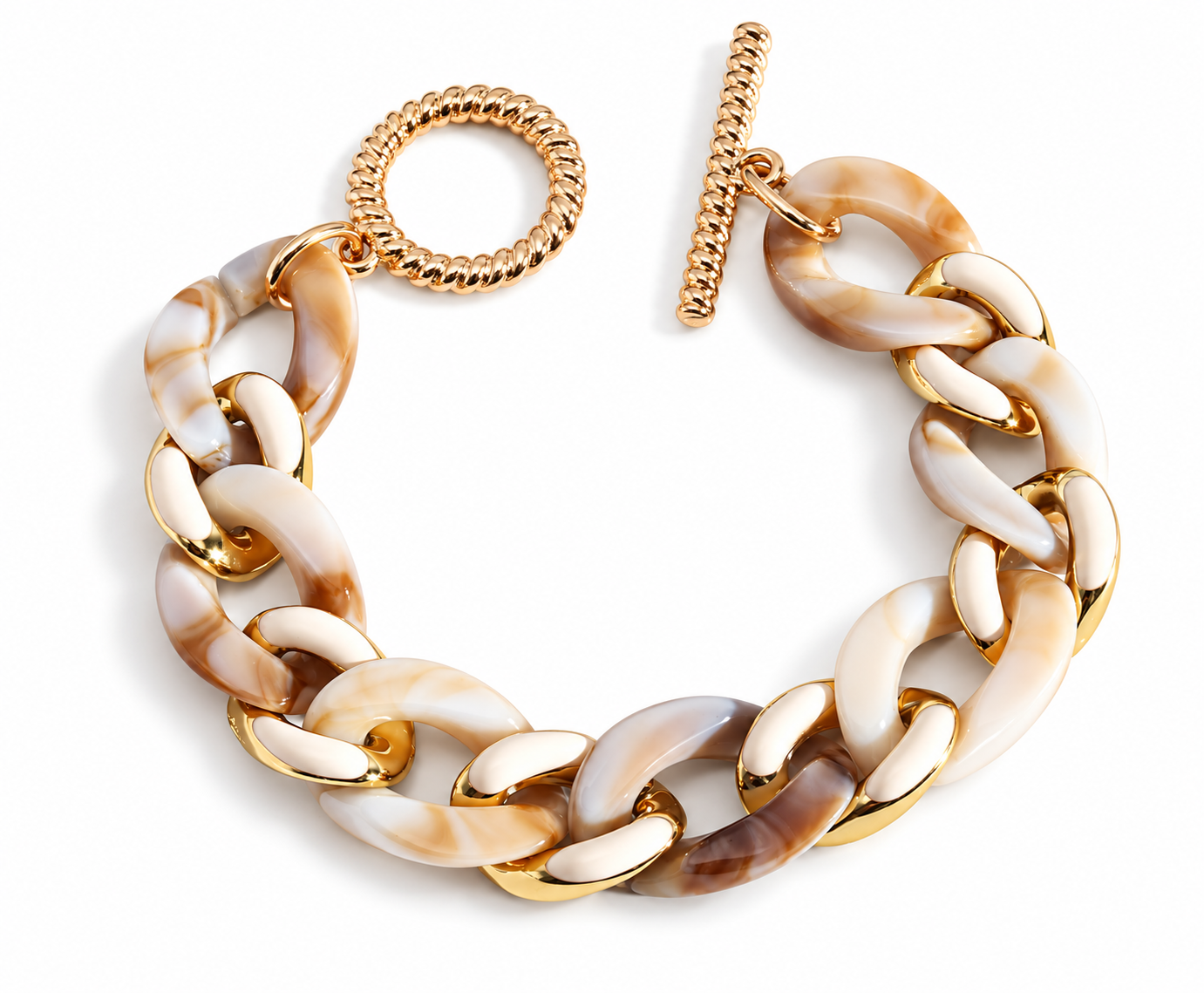Beige & White Marbled Chunky Chain Goldtone Bracelet on white background