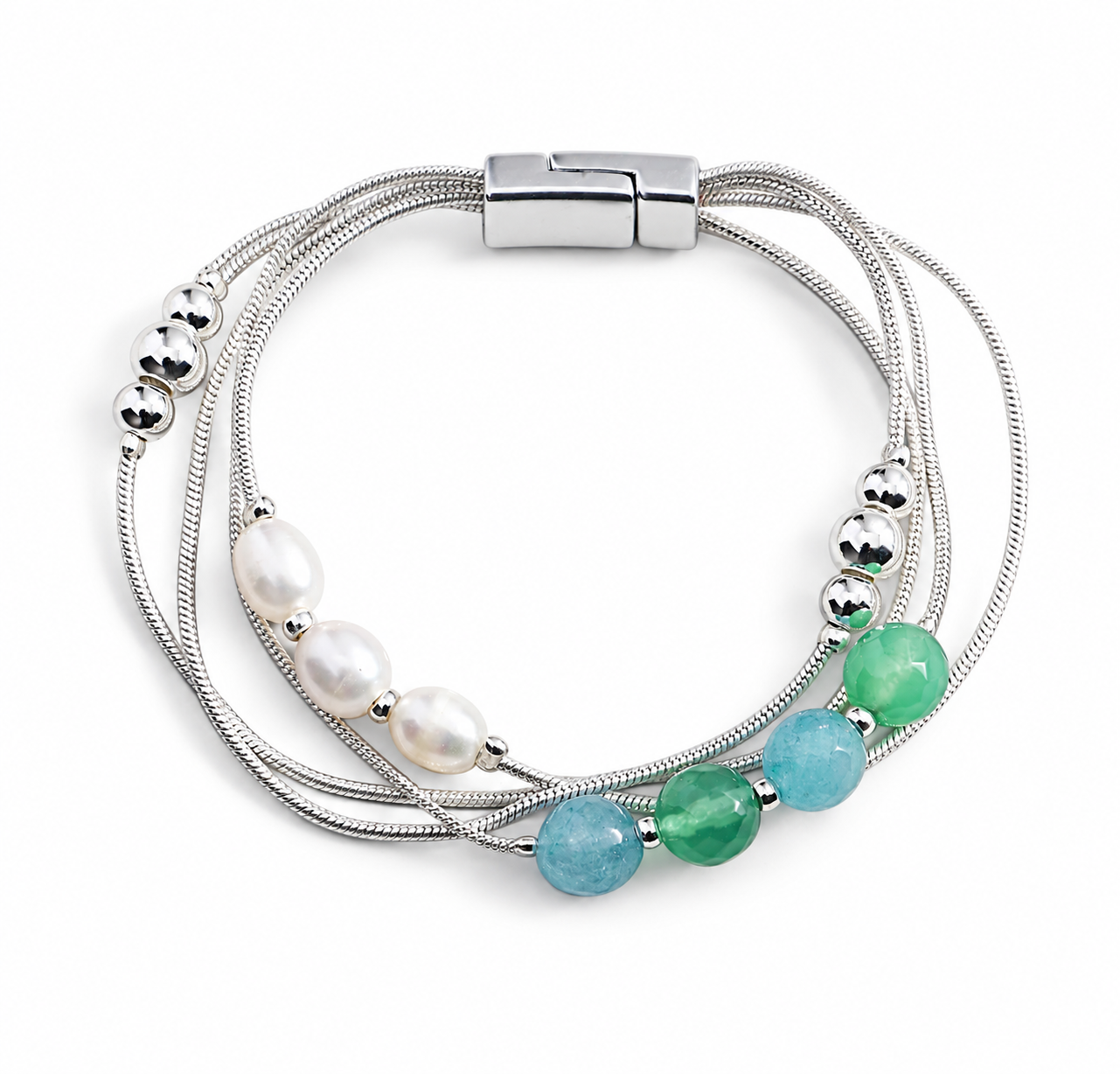 Silvertone Multi-strand Freshwater Pearl, Green & Blue Beaded Bracelet on white background