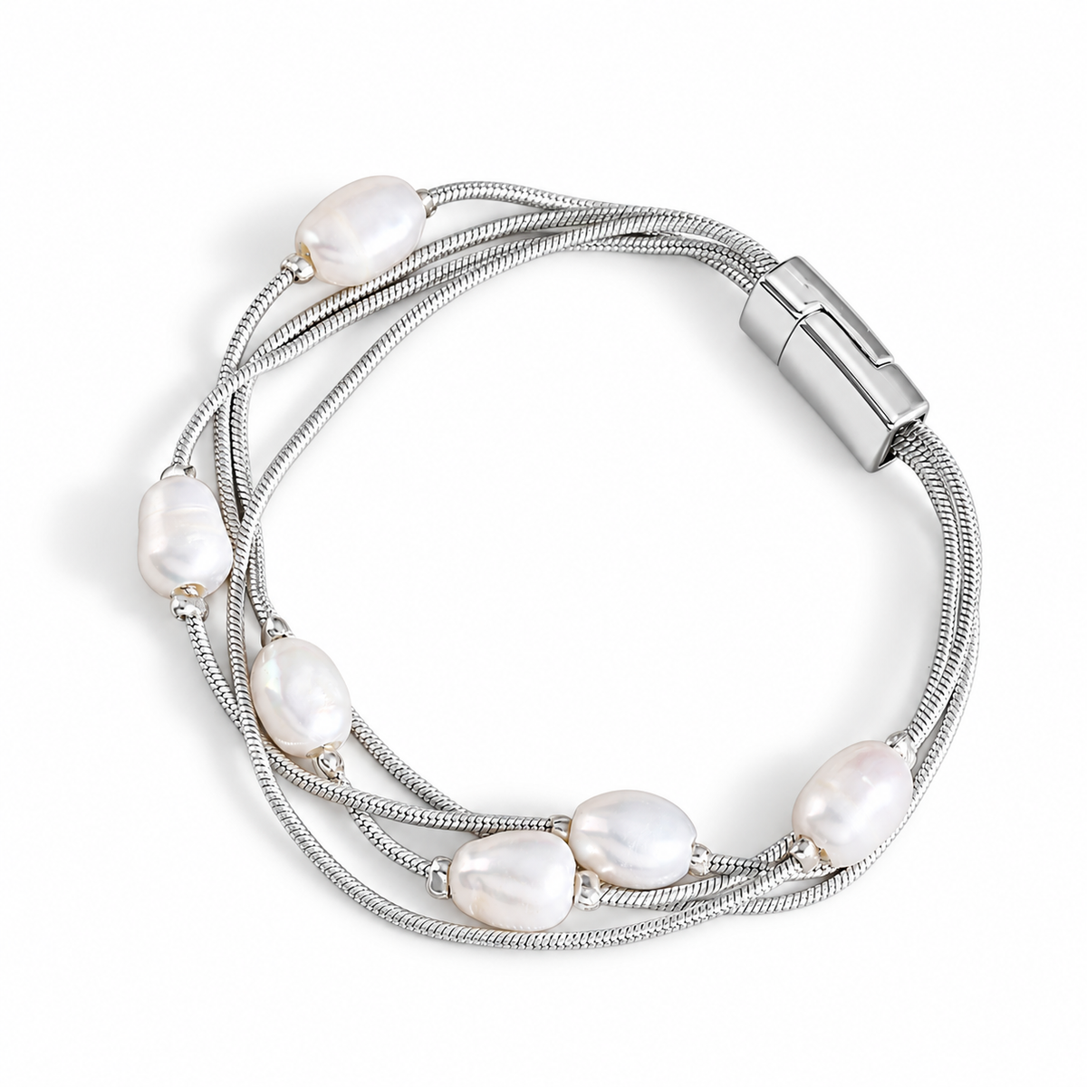 Silvertone Multi-strand Freshwater Pearl Bracelet on white background