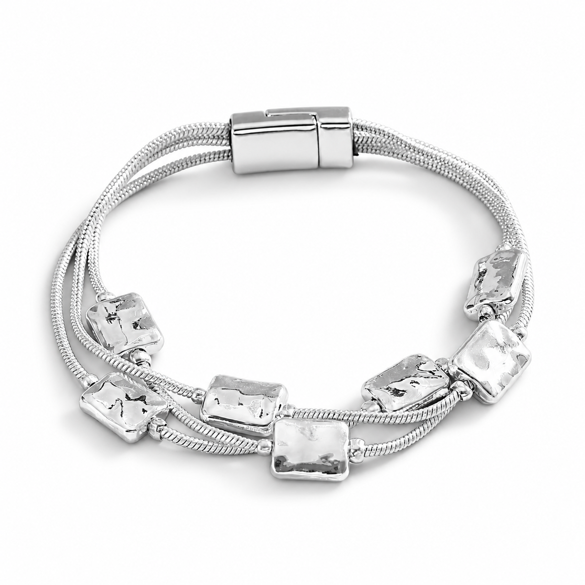Silvertone Multi Strand Hammered Square bead Bracelet on white background