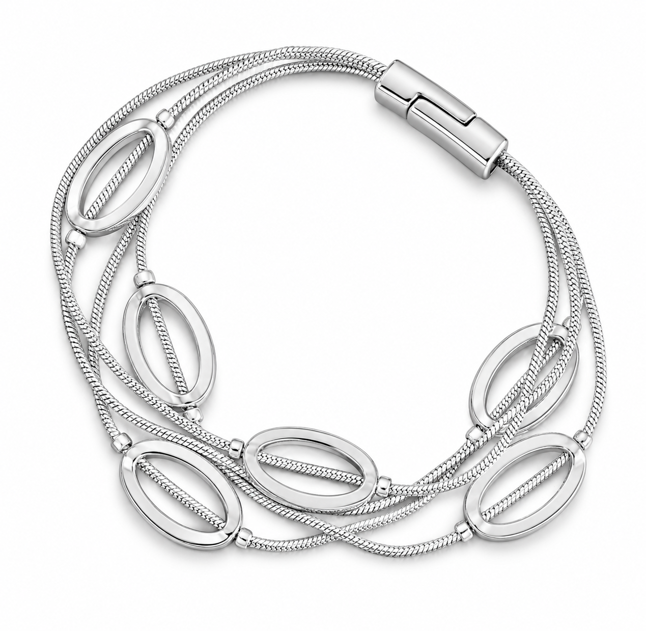 Silvertone Multi-Strand Open Oval Bracelet With Magnetic Clasp- Don't AsK on white background