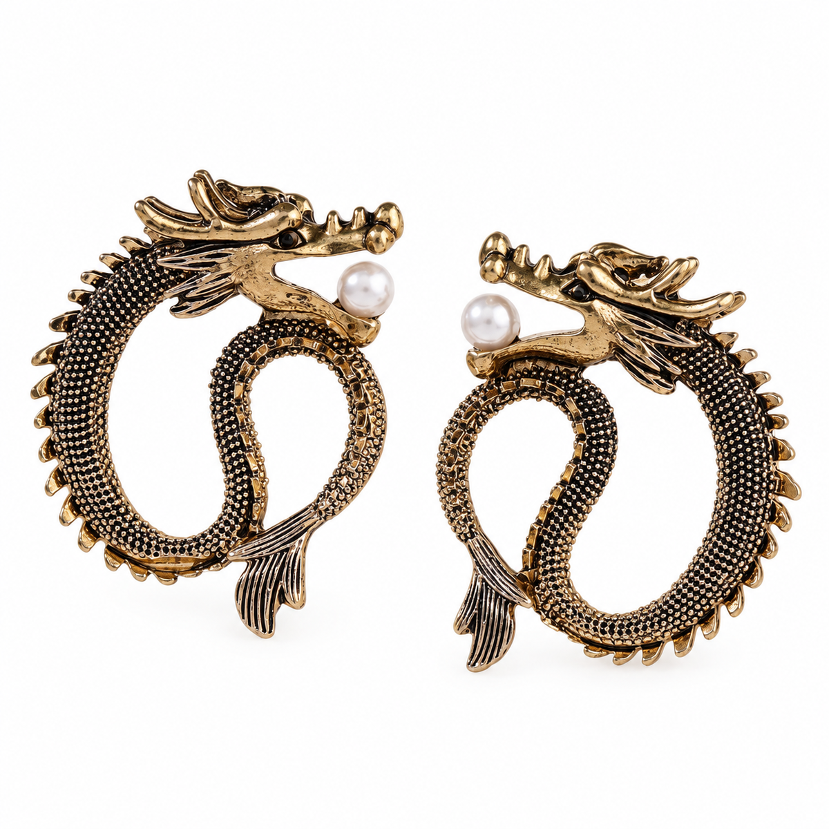 Brass Dragon With Imitation Pearl Stud Earrings on a white background