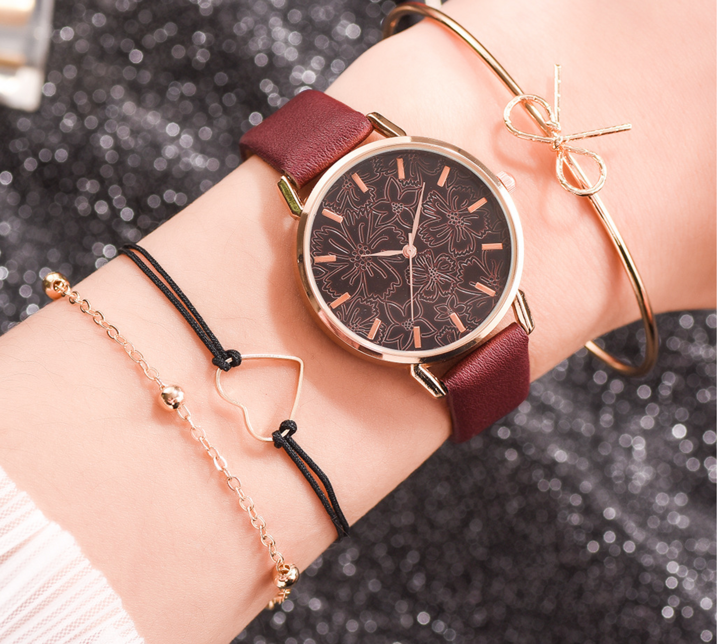 Wine Red Floral Watch Dainty Heart Bracelet