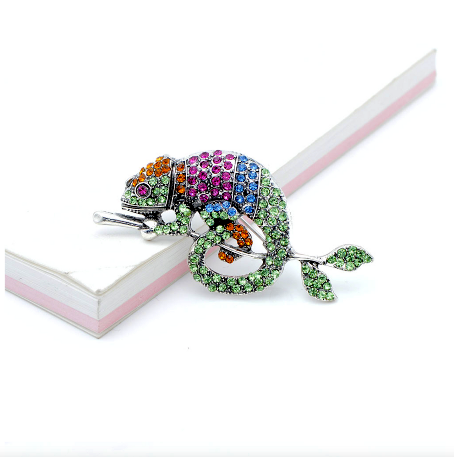 Multicolor Crystal Silvertone Chameleon Brooch