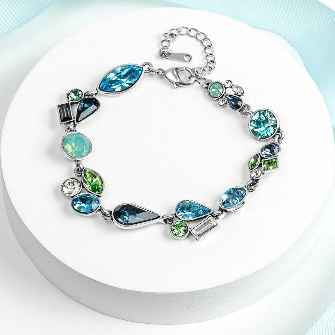 Striking Statement Blue Green Teardrop Crystal Bracelet with Swarovski Crystals