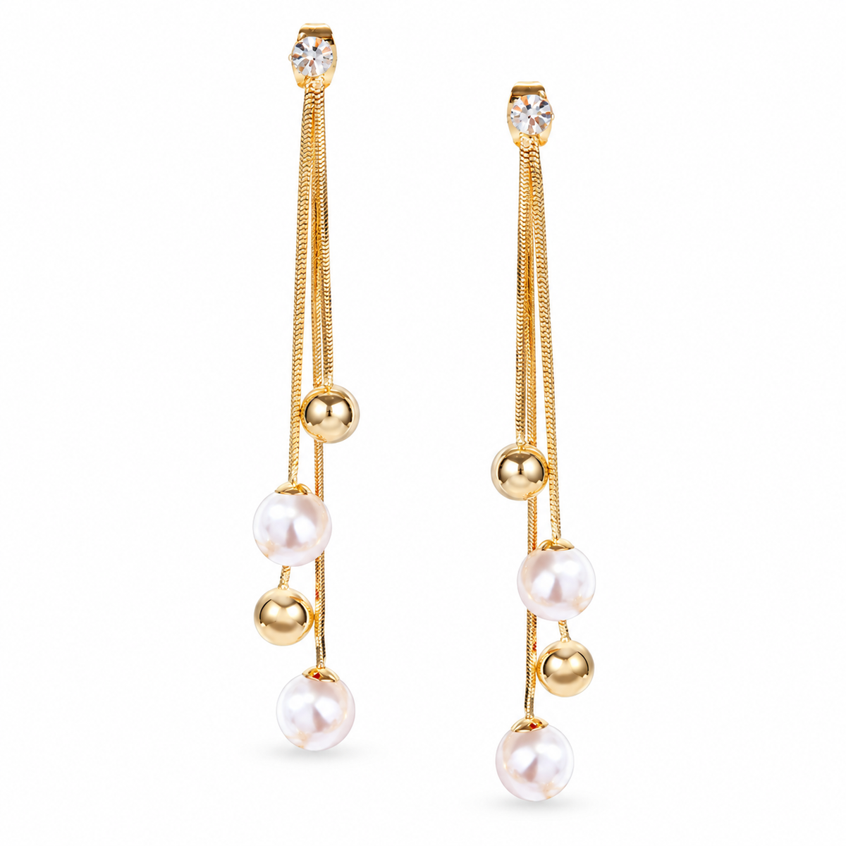 Goldtone Chain Drop Ball & Imitation Pearl Earrings on a white background