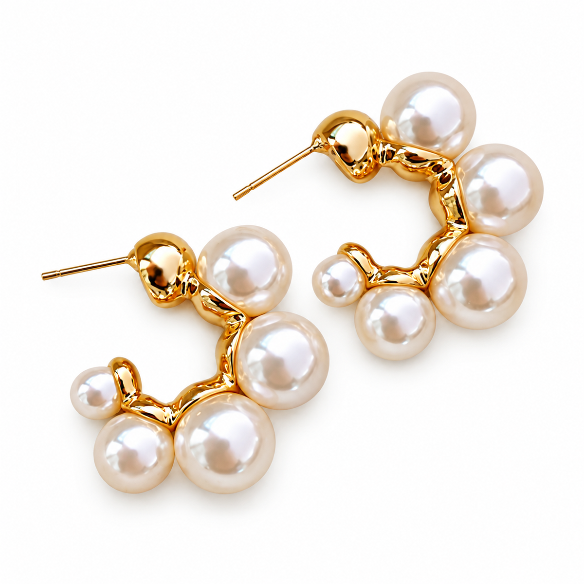 Goldtone & Imitation Pearl Graduated Hoop Earrings on a white background