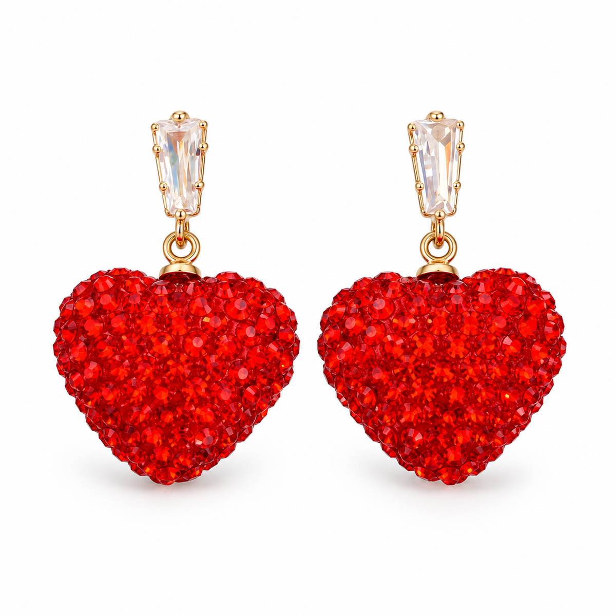 Goldtone Red Crystal Shamballa Heart Drop Earrings on a white background