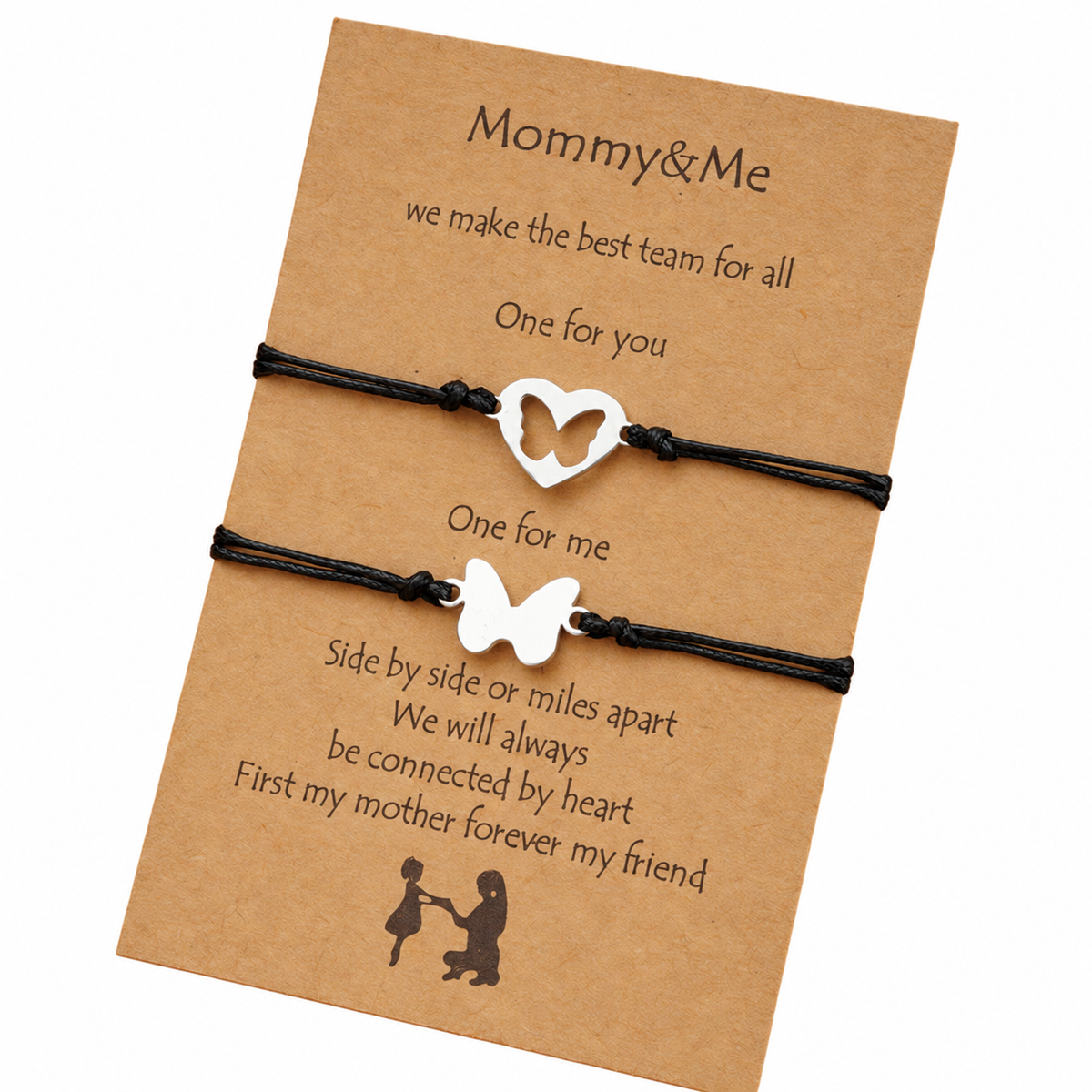 Two black cord heart and butterfly bracelets on their Mommy and Me gift card against white