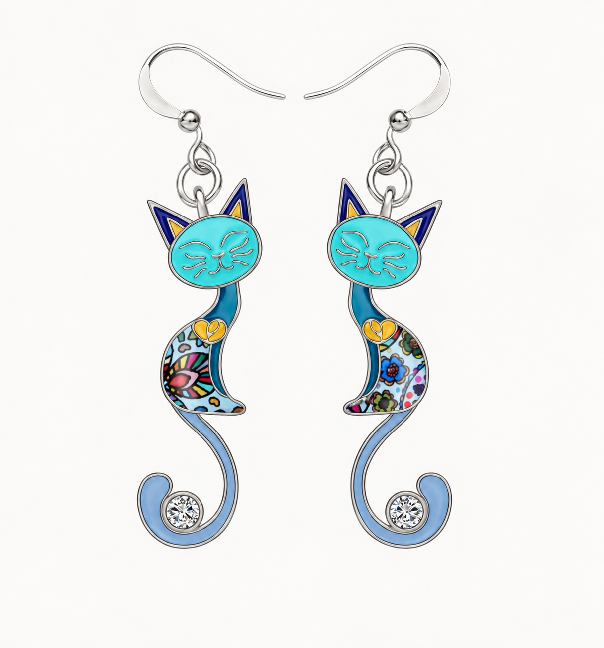Blue mosaic cat earrings showing distinct left and right designs