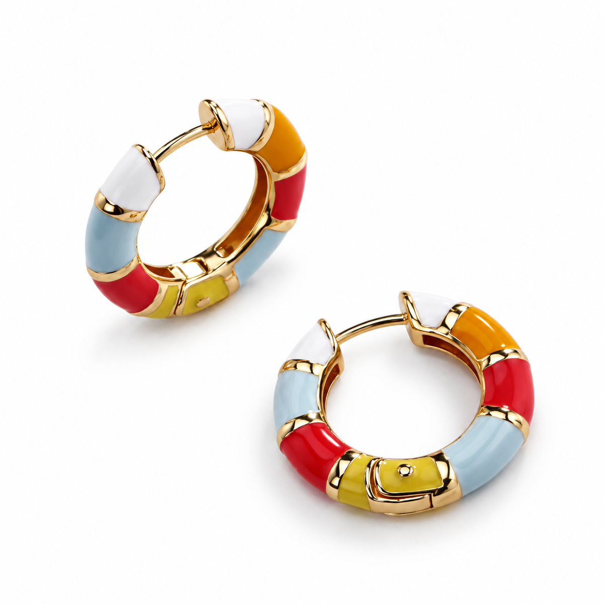 Multicoloured enamel goldtone huggie hoop earrings on white