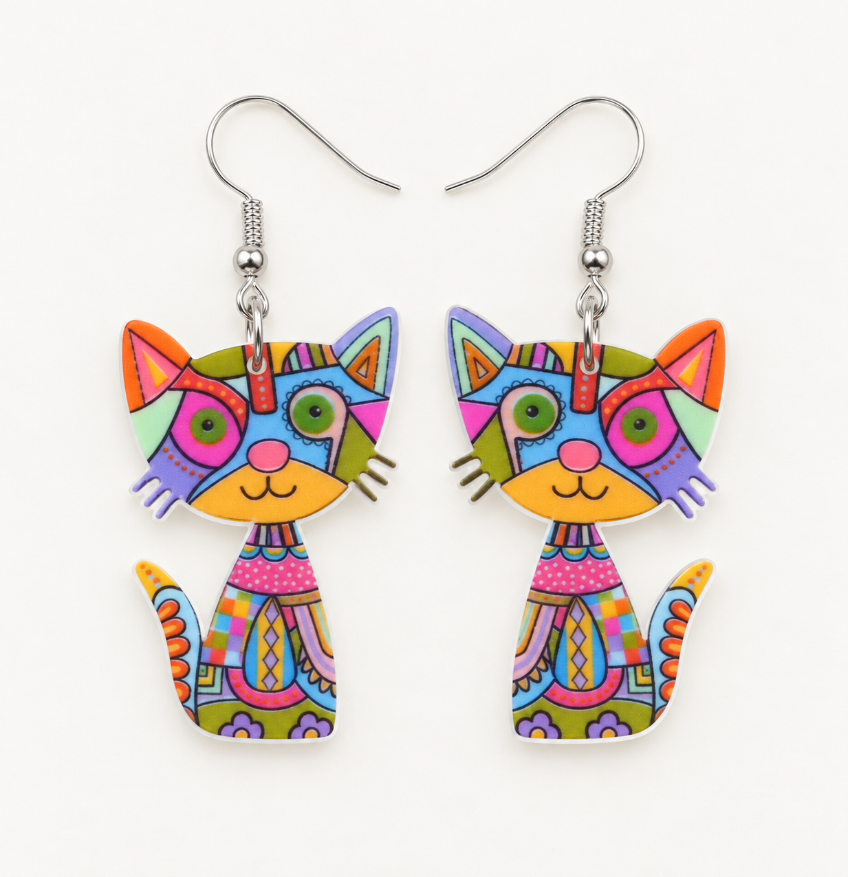 Multicolour patchwork acrylic cat earrings, mirrored left and right pair
