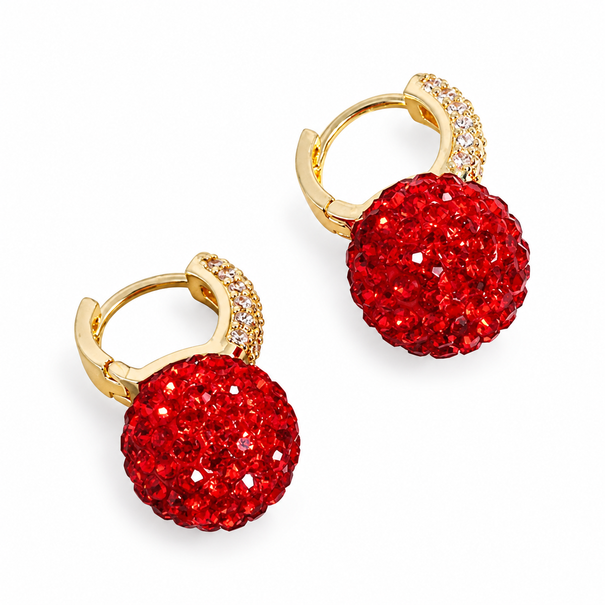 Pavé Red Crystal & Goldtone Ball Huggie Earrings on a white background