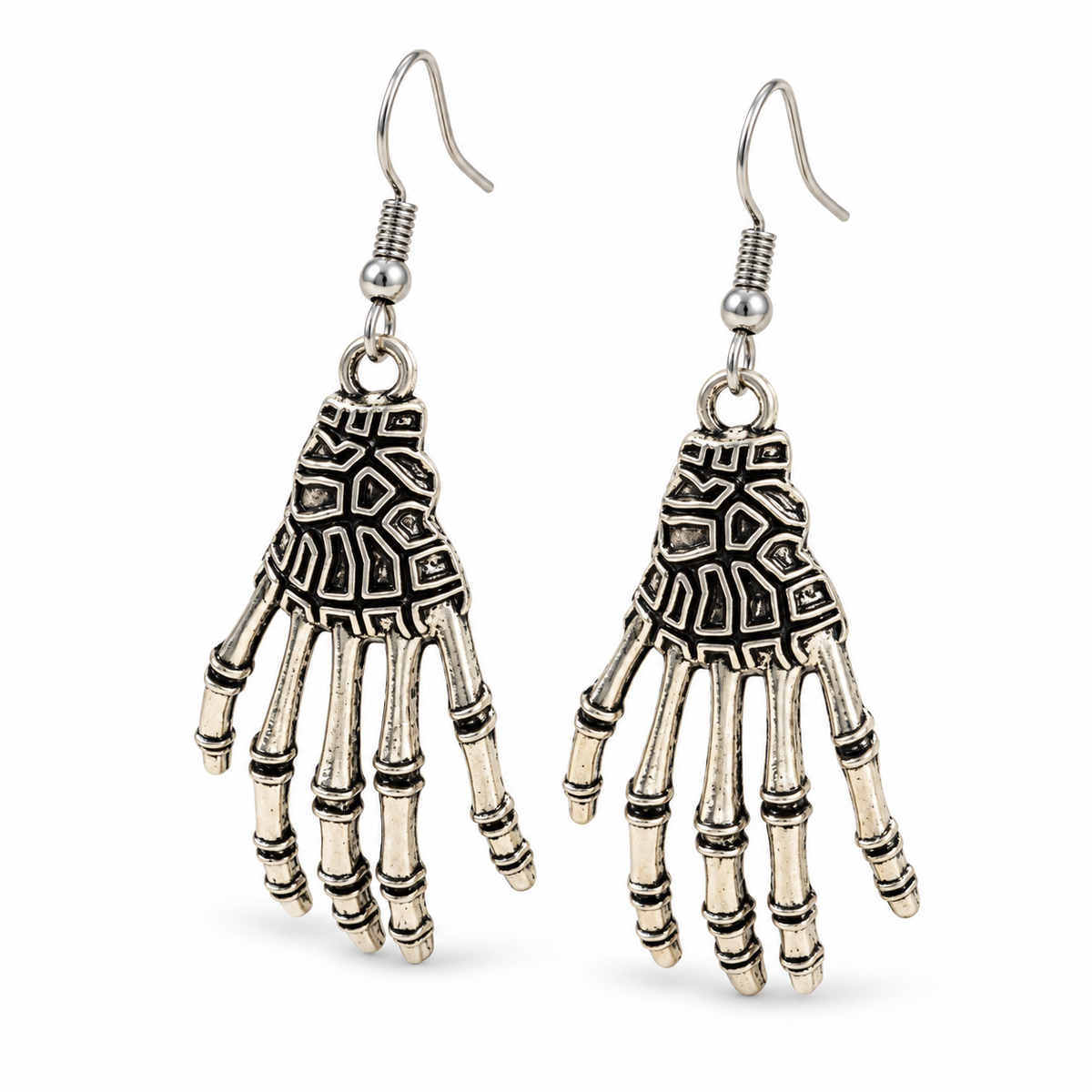 Silvertone Skull Hands Drop Earrings on white background