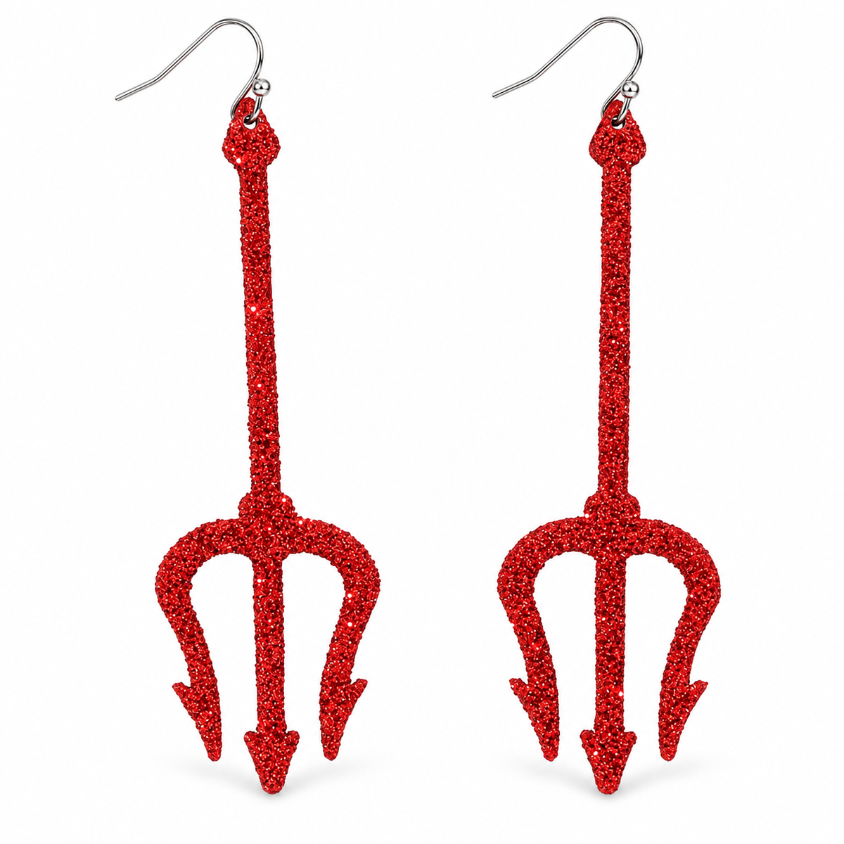 Red Glittering Pitch Fork Drop Earrings on white background