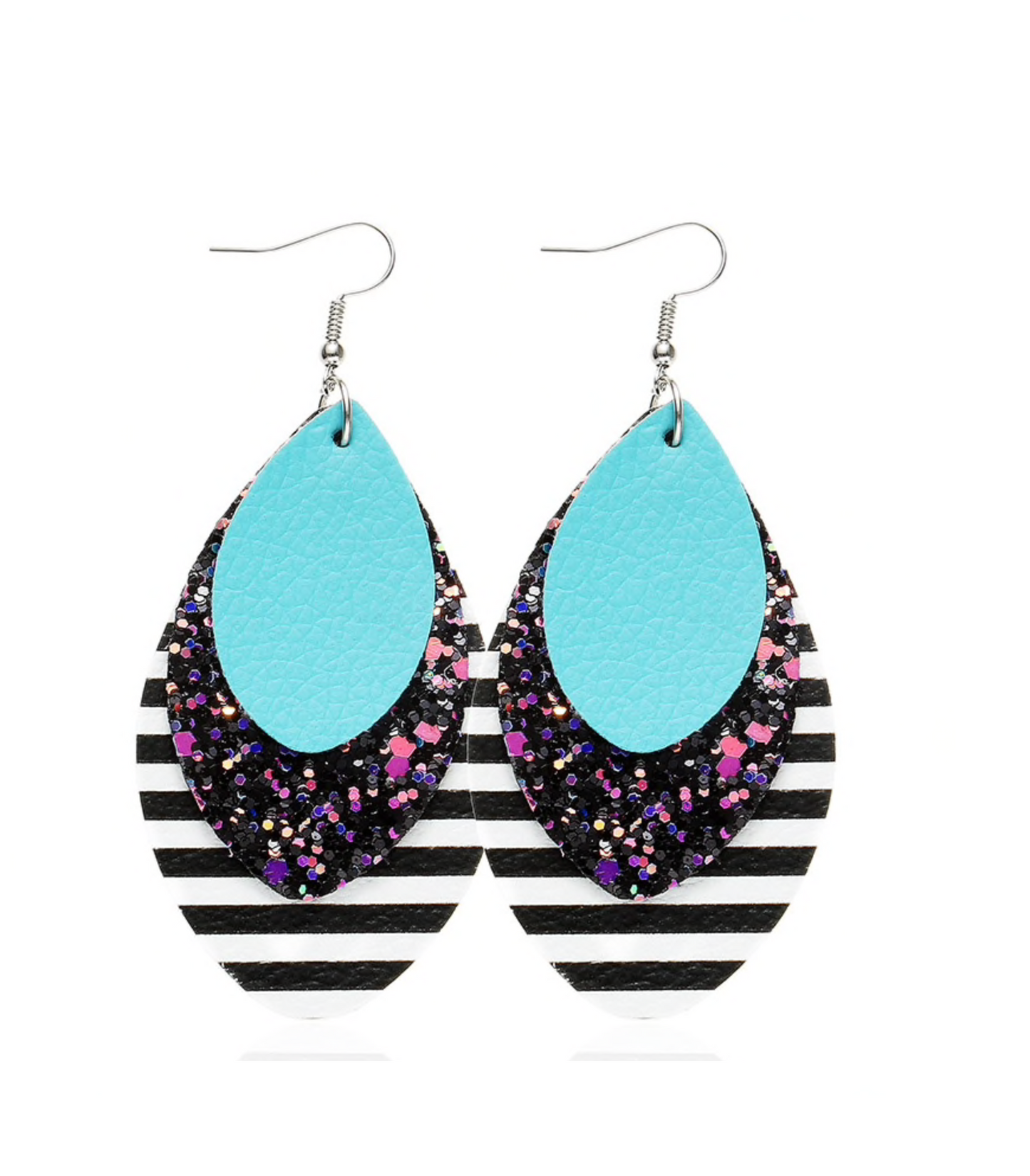 Black White Striped Multi Colored Layered Earrings