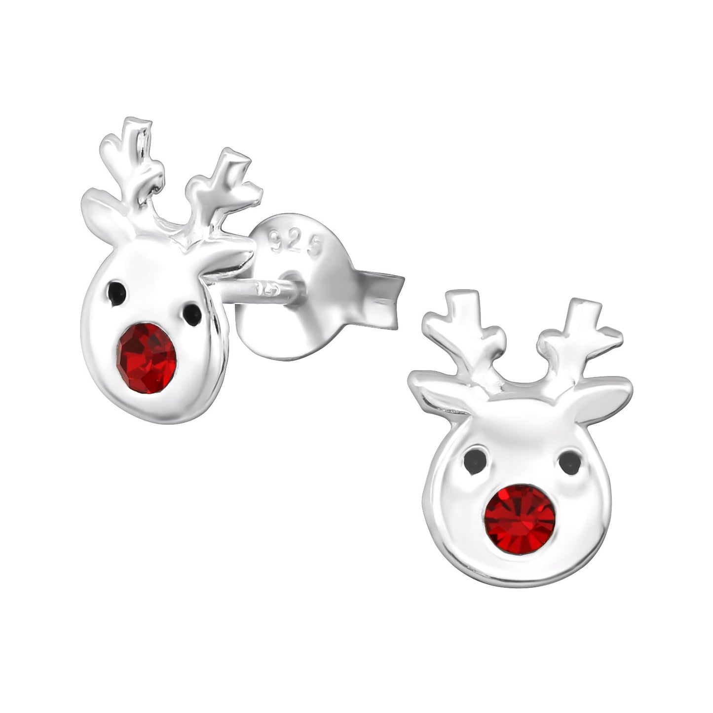 Sterling Silver Red Cubic Zirconia Reindeer Stud Earrings