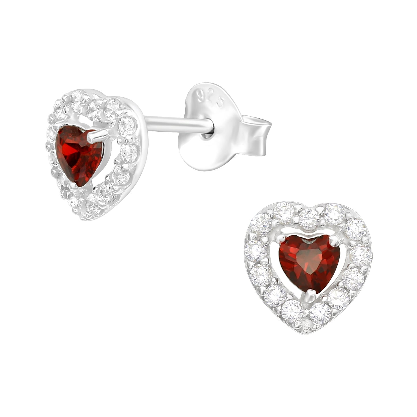 Sterling Silver Red Heart Pave Cubic Zirconia Stud Earrings