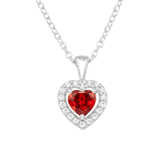 Sterling Silver Red Cubic Zirconia Heart Pendant Necklace