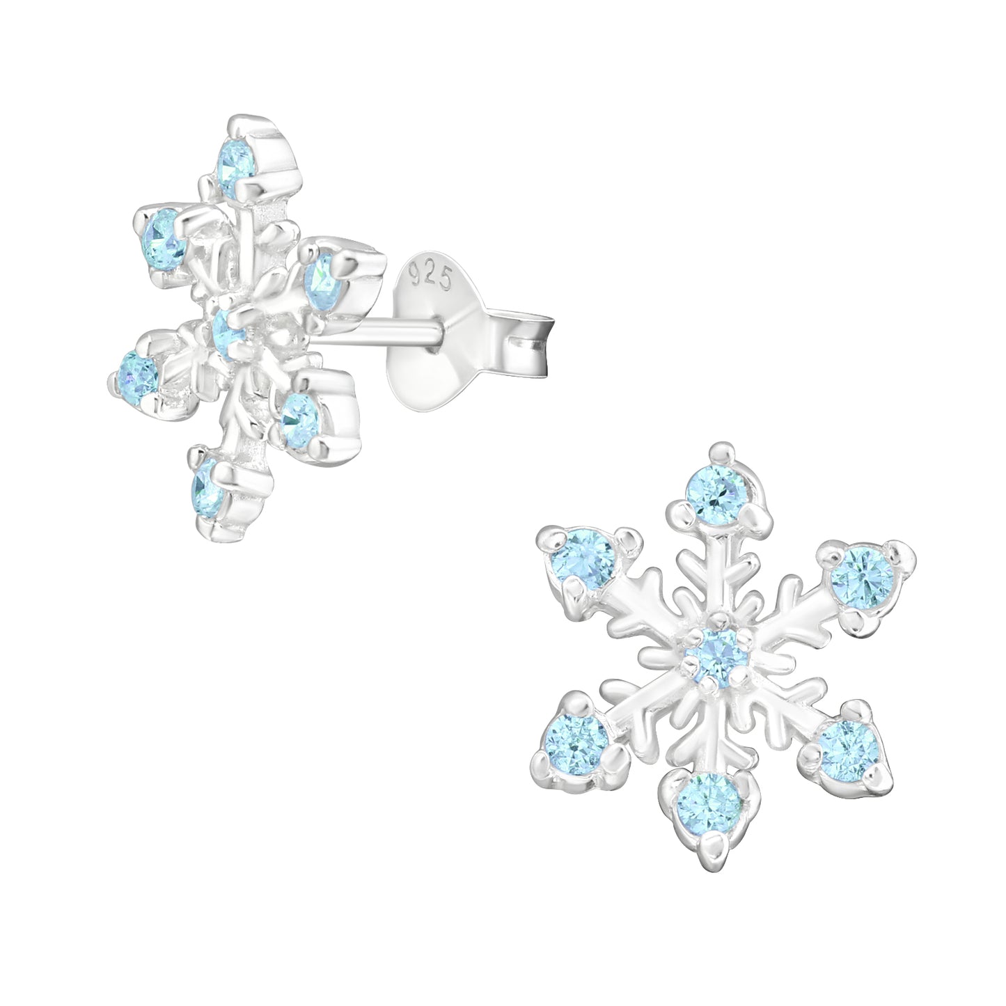 Sterling Silver Aqua Cubic Zirconia Snowflake Stud Earrings