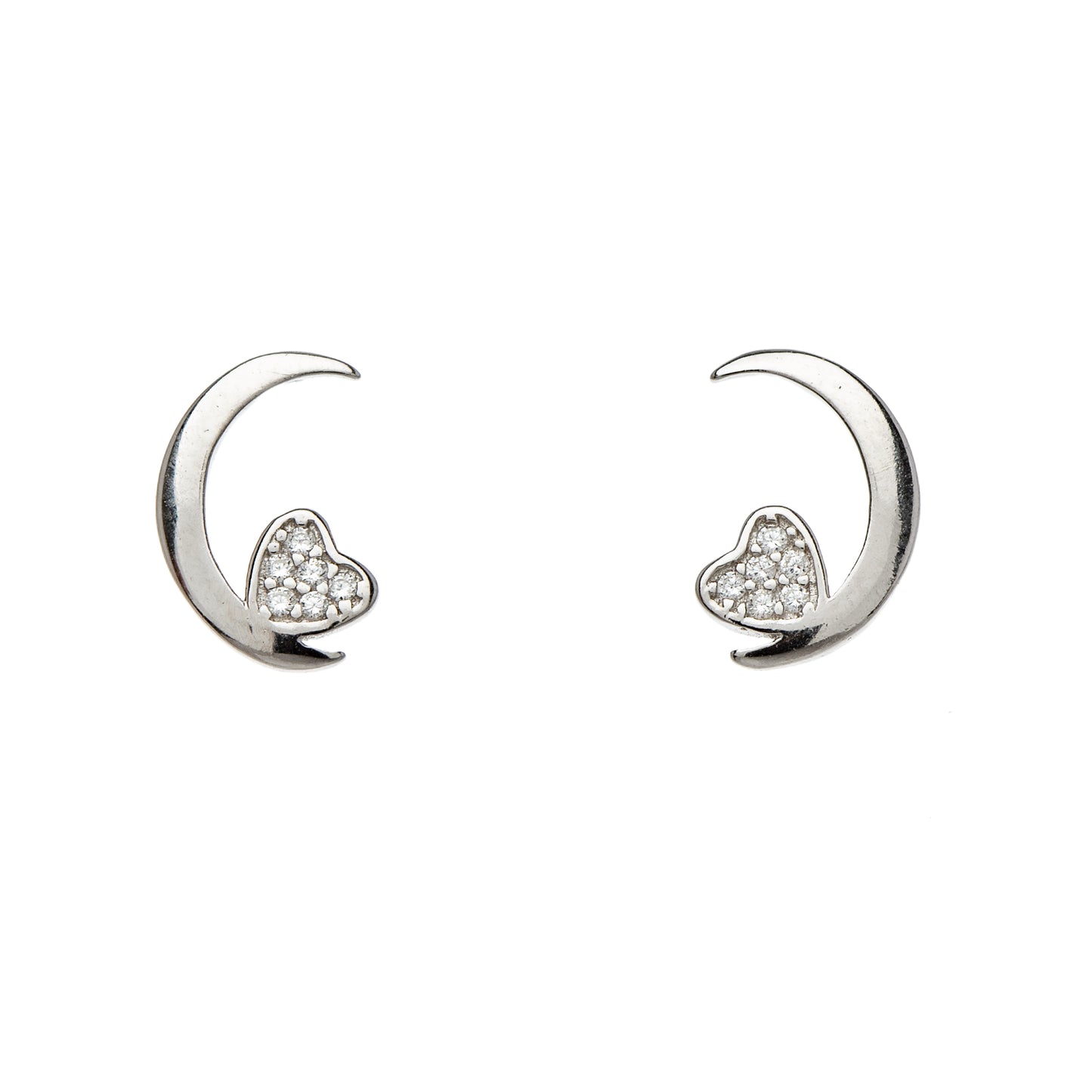 Sterling Silver Moon Cubic Zirconia Heart Stud Earrings