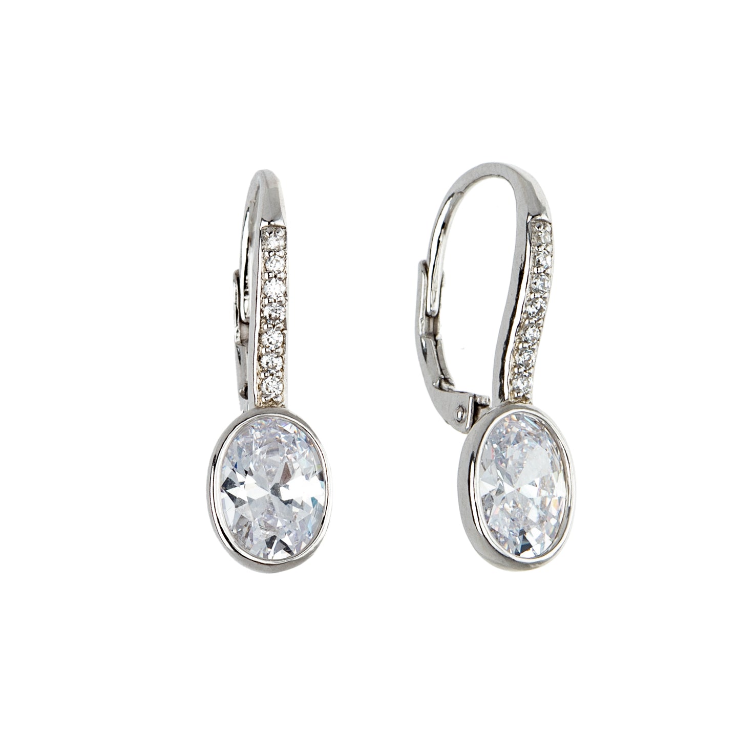 Sterling Silver Cubic Zirconia Oval And Pave Leverback Earrings