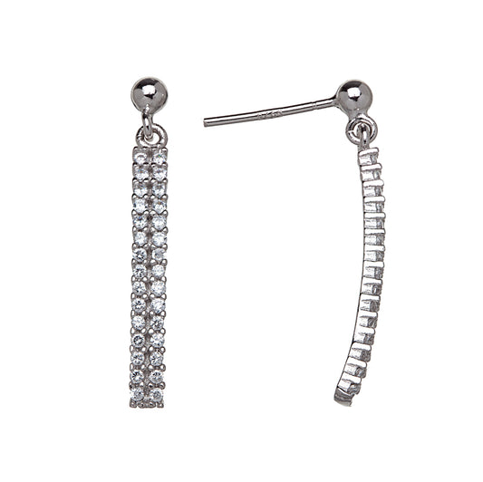 Sterling Silver Cubic Zirconia Dual Row Bar Drop Earrings