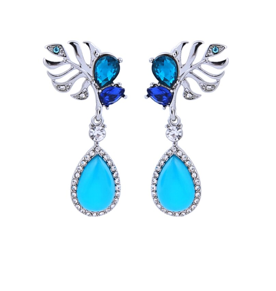 Blue Teardrop Silvertone Leaf Drop Earrings