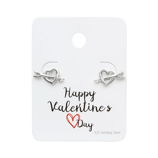 Sterling Silver Heart With Cupids Arrow Studs On Valentines Day Card