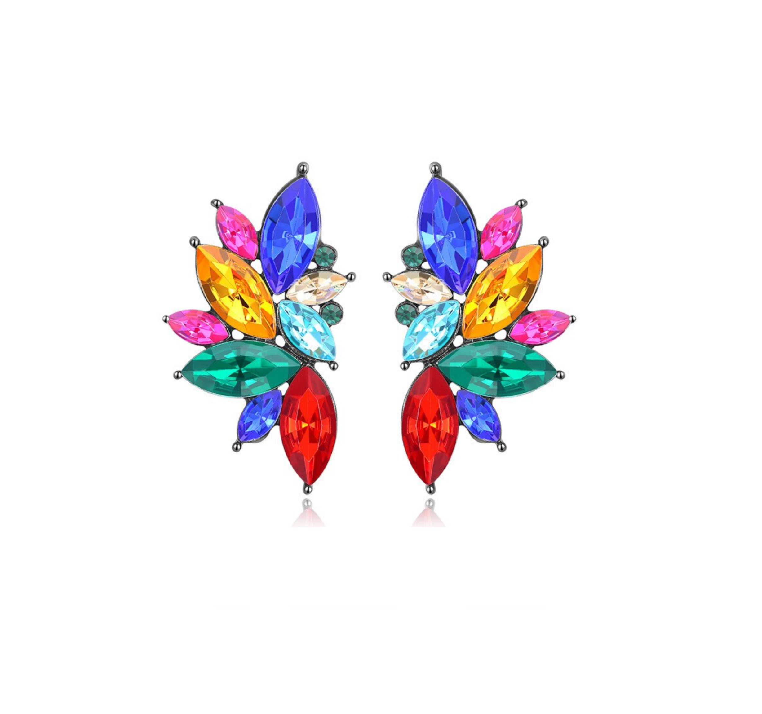 Multicoloured marquise crystal ear jackets in a leaf-like cluster