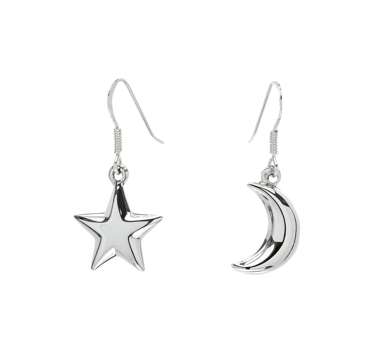 Sterling Silver Moon Star Asymmetrical Drop Earrings